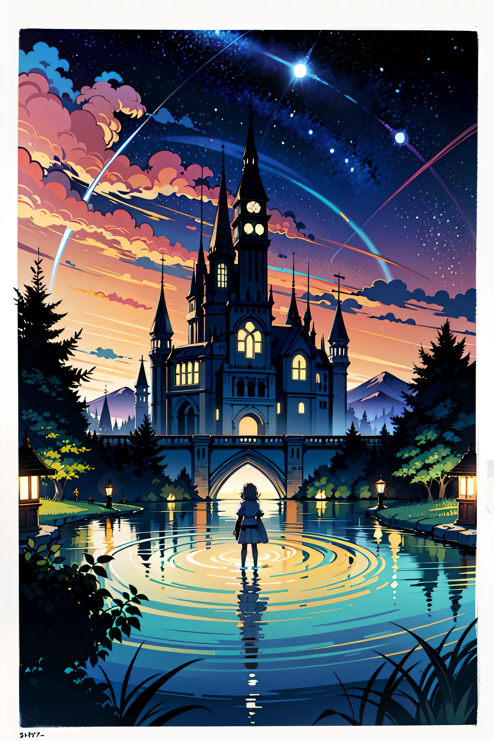 (masterpiece),(best quality:1.0), (ultra highres:1.0), detailed illustration,  dreaming, lake, detailed sky, (mysterious huge castle), (starry sky),