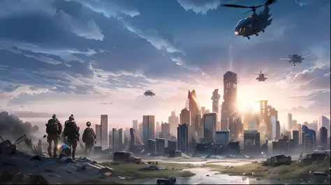 a city，a helicopter flew over it，image of alafde, destroyed city in background, ruined city in the background, dystopian digital...