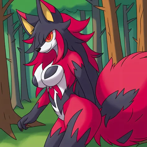 female dog-1, lycanroc midnight, A bipedal wolf, with a dark red fur and a thick mane that runs from his back to the top of his head. Ele tem uma cauda curta, fofa, folded ears and bright bright red eyes with no visible iris or sexy sclera, big breasts, lo...