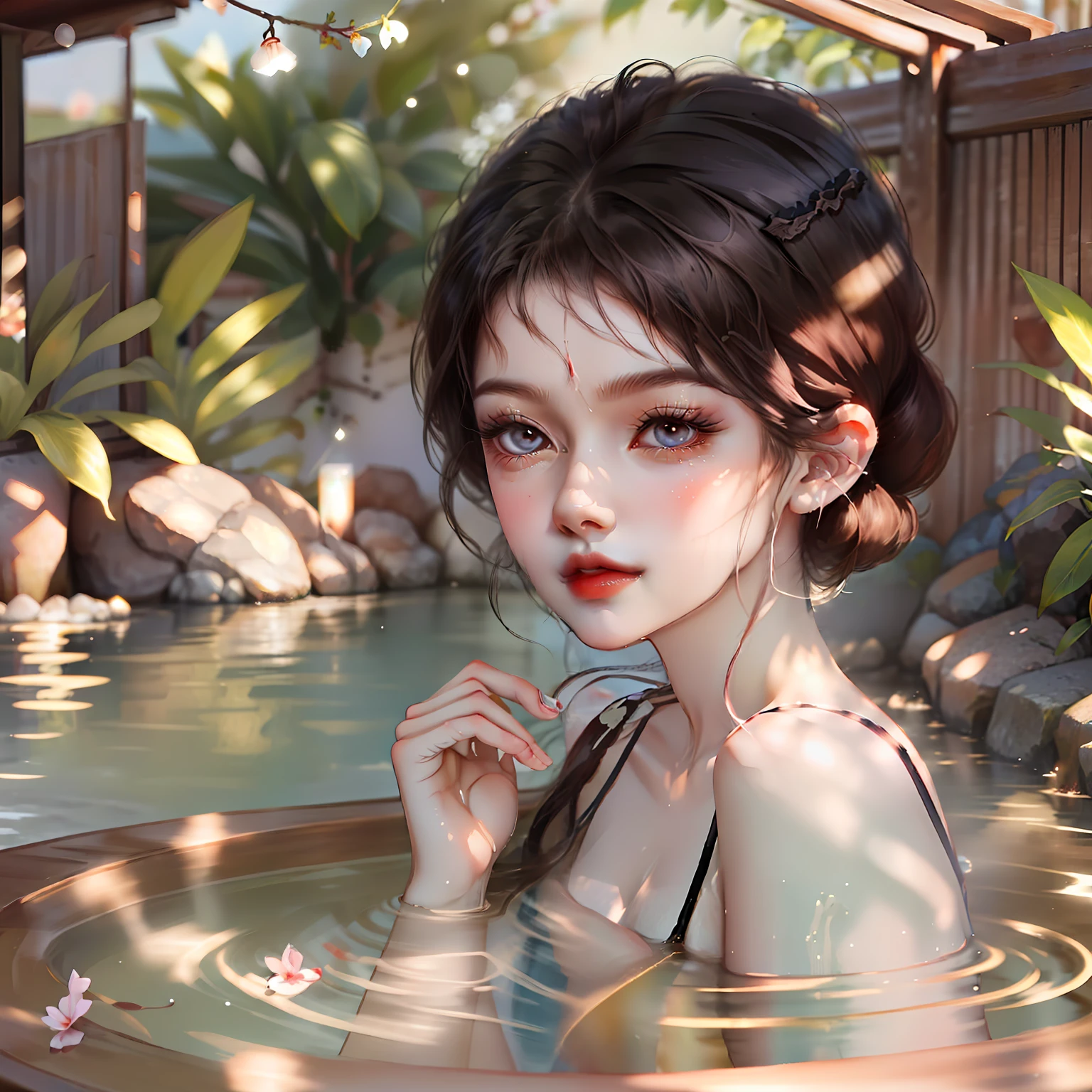 Anime girl in a hot tub with a red lip - SeaArt AI