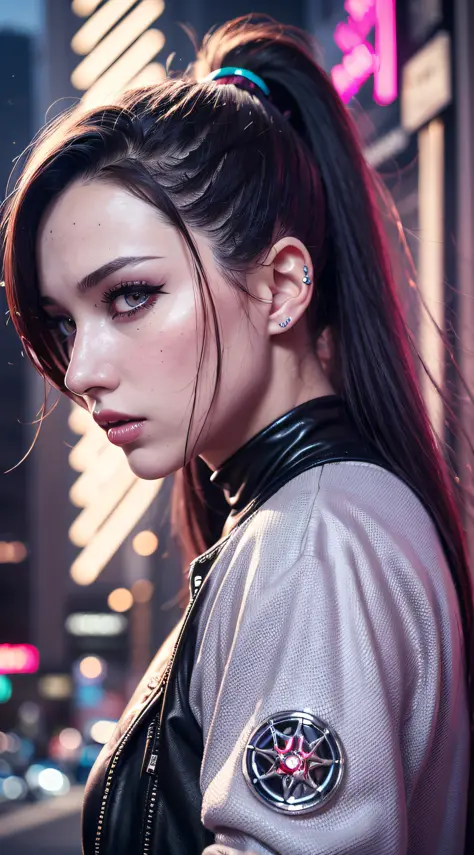 Beautiful cyberpunk woman, 19 years old, (Best quality, ultra realistic, masterpiece), Black hair ponytail, Beautiful eyes, Pale...