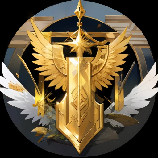 escudo dourado，Há três espadas e asas sobre ele，medalha
