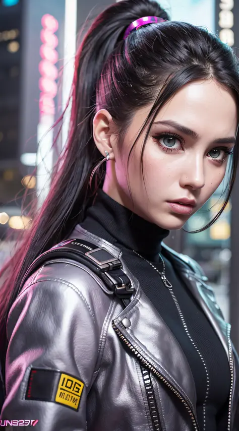 Beautiful cyberpunk woman, 19 years old, (Best quality, ultra realistic, masterpiece), Black hair ponytail, Beautiful eyes, Pale...