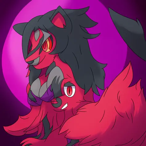 female dog-1, lycanroc midnight, A bipedal wolf, with a dark red fur and a thick mane that runs from his back to the top of his head. Ele tem uma cauda curta, fofa, folded ears and bright bright red eyes with no visible iris or sexy sclera, big breasts, lo...