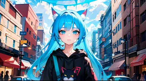 Anime girl with blue hair and cat ears walking on city street, style of anime4 K, anime girl with cat ears, anime moe art style,...