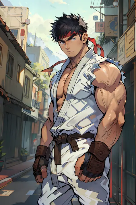(masterpiece, best quality:1.2), cowboy shot, solo, male focus, 1boy, ryu \(sf\), serious, closed mouth, looking at viewer, blac...