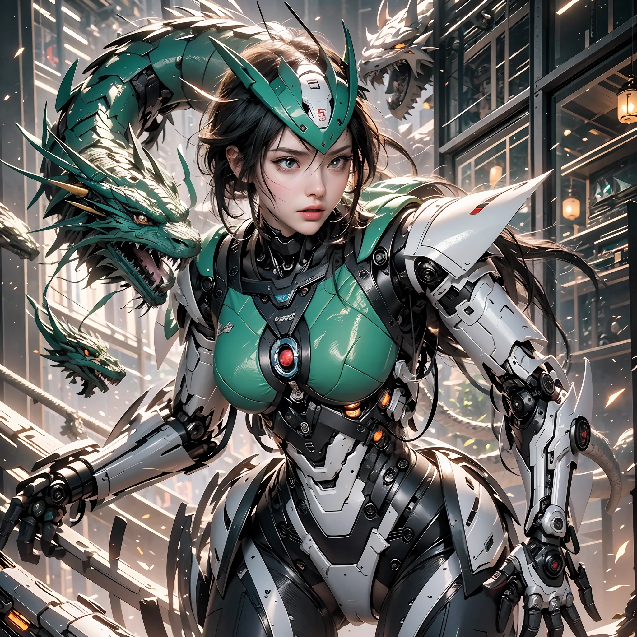 Masterpiece, Best quality, 8K, Crazy details, super detailing, Super quality, Mechanical prosthesis, mech coverage, Green armor,  k hd, Lifelike, Cinematic quality, Octane rendering, C4D render, Machinery,（（ Dragon））, (1girll),Mecha,Taoist,1 girl fights in front，There is a dragon behind him