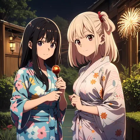 chisato and takina, 2girls, masterpiece, best quality, yukata, fire works, highest quality, high resolution.