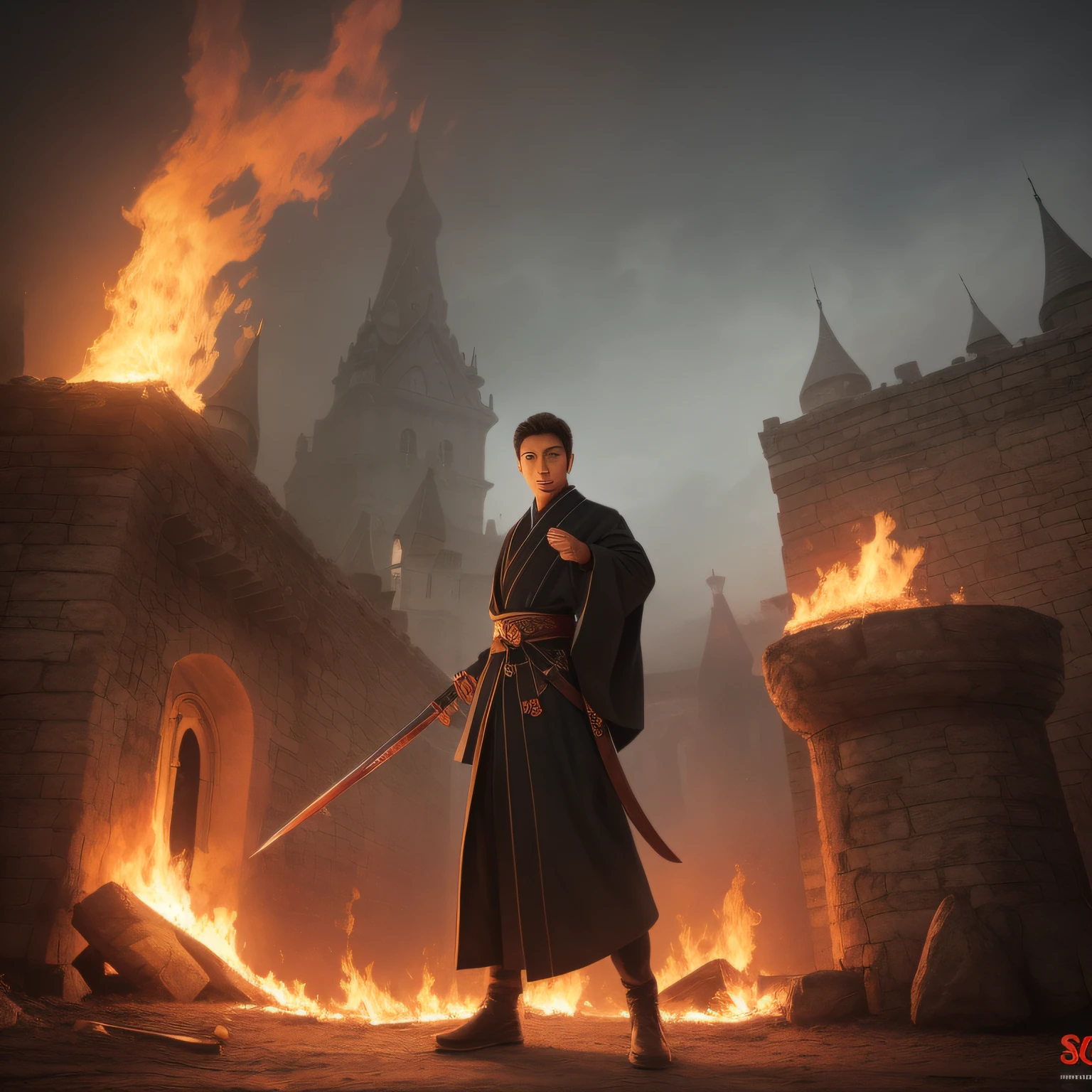 Mysterious oriental figure，The mist is hidden，Armed with a flame sword，Fight against spiders，Inside the castle。Surrounded by firelight，Hair as black as a fountain flutters in the wind，Three-dimensional。Super detail and high-quality Li'e and shadows make the picture more realistic。The panorama presents a surrealist style。It adopts 8K high resolution and wide shooting，Delivers the best precision and detail。 --auto
