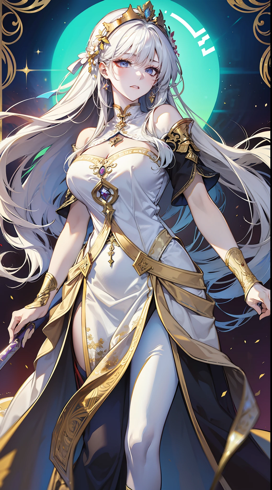 （absurderes，A high resolution），（full bodyesbian），A woman who is，Middle aged，big breasts beautiful，Tall，Gold and silver decoration，Delicate long dress，The queen dresses，Lilac intricate dress，Exquisite，closing her eyes，pale-blonde hair，Delicate wand，borgar，a queen，Anime girl with long white hair and white dress holding sword,Kushatt Krenz Key Art Women, Anime goddess, Portrait Chevaliers du Zodiaque Fille, ((a beautiful fantasy empress)), Detailed key anime art, beautiful and seductive anime woman, trending on artstation pixiv, royal elegant pose, Best anime 4k konachan wallpaper