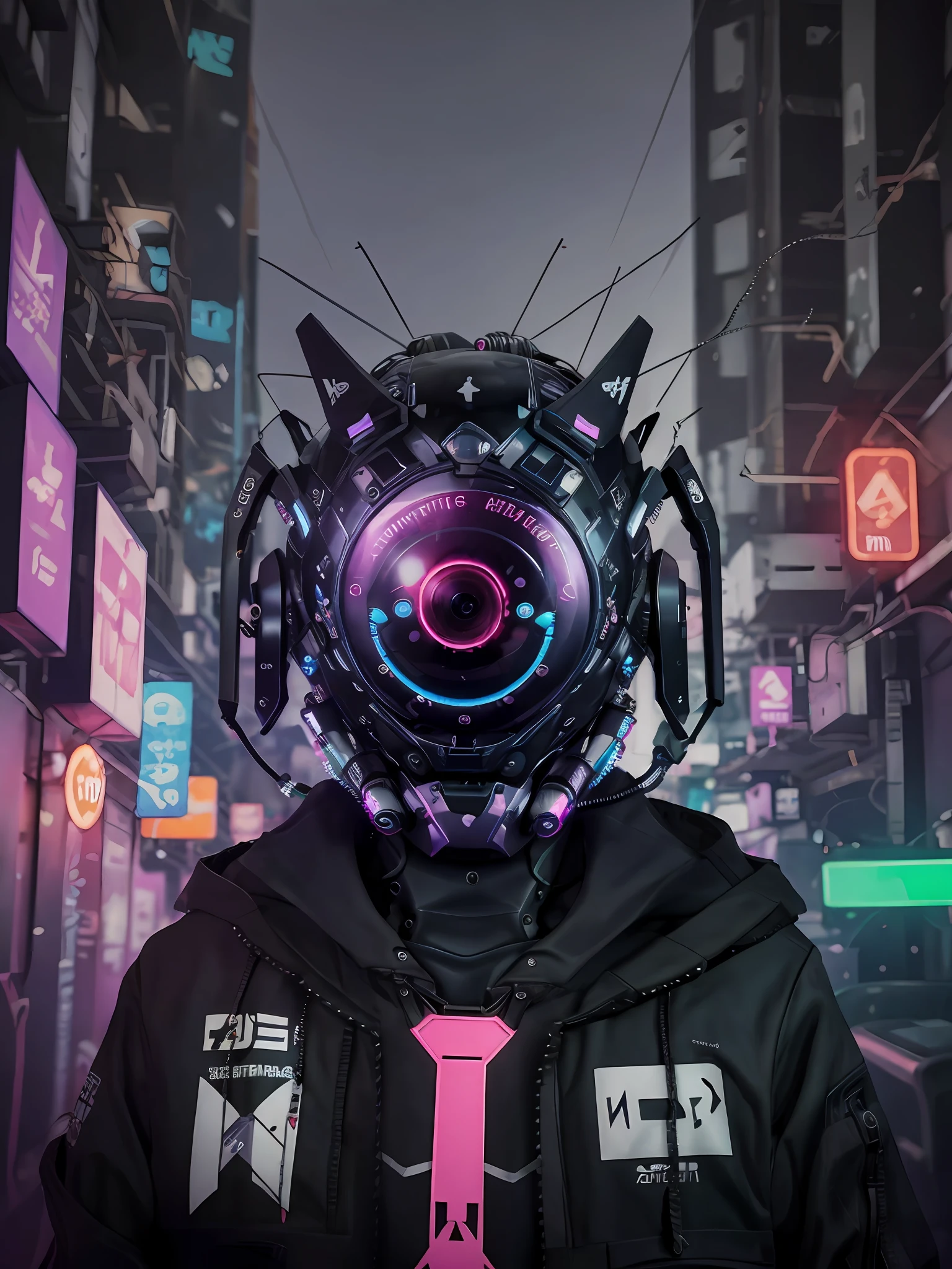 A closeup of a woman wearing a cyberpunk jacket, cyber implants, and a Techwear Occultist style. The woman has a bionic eye and a circuit tattoo on her cheek. It's in a dark alley with colored neons behind it. The optional additional keyword is mysterious.