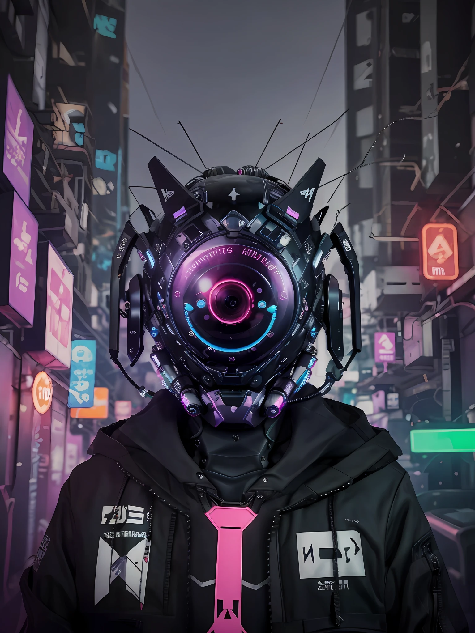 Un primer plano de una mujer con una chaqueta cyberpunk, cyber implants, y un estilo Techwear Occultist. The woman has a bionic eye and a circuit tattoo on her cheek. It's in a dark alley with colored neons behind it. La palabra clave adicional opcional es misterioso.