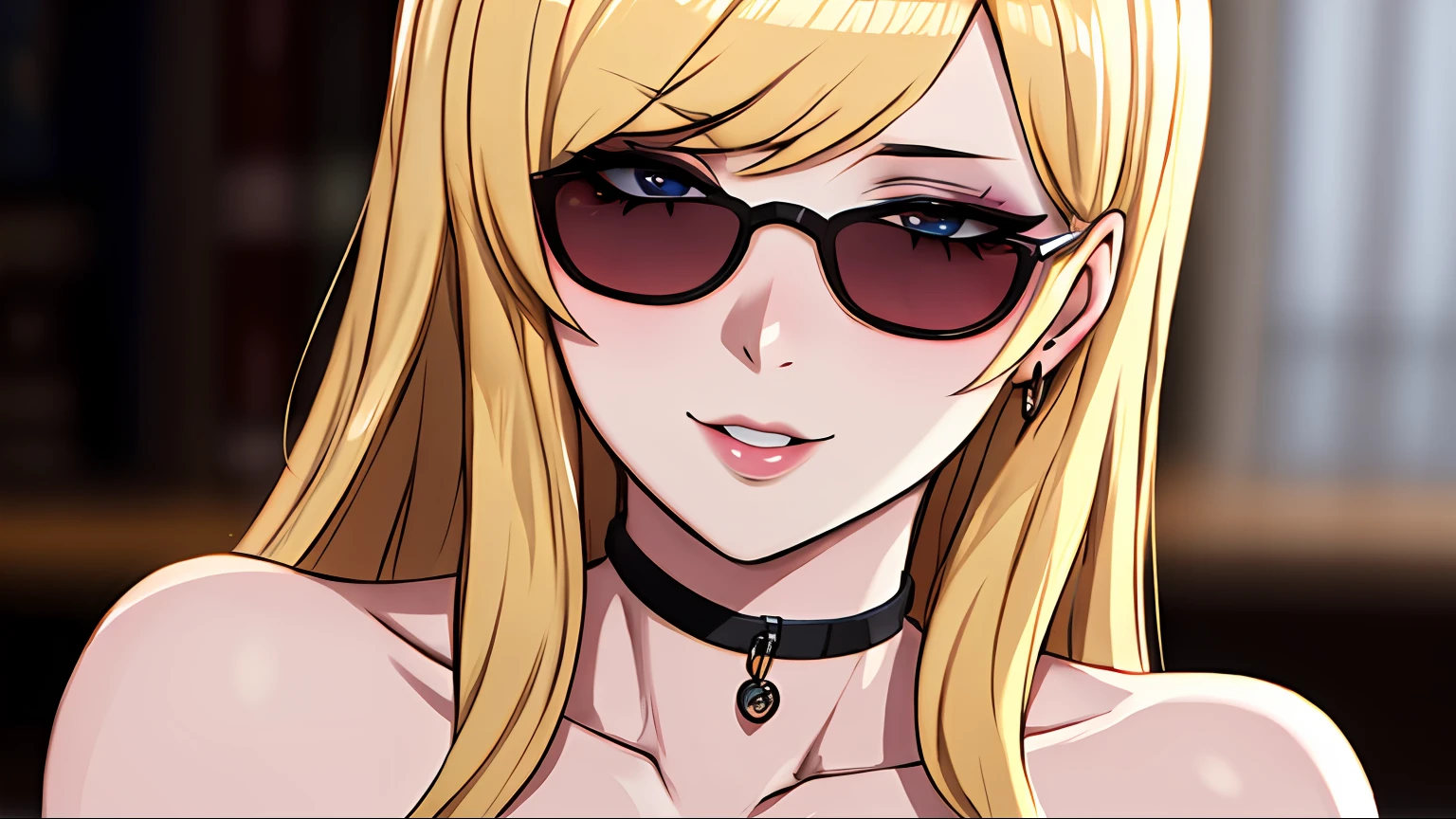 4K, masutepiece,Deep Depth Of Field,hight resolution, absurderes,Natural Volumetric Lighting And Best Shadows, Deep Depth Of Field, Sharp Focus, soft delicate beautiful attractive face,vandread,blonde Nadia with sunglasses and a choker , vandread drawing style,((full bodyesbian))、