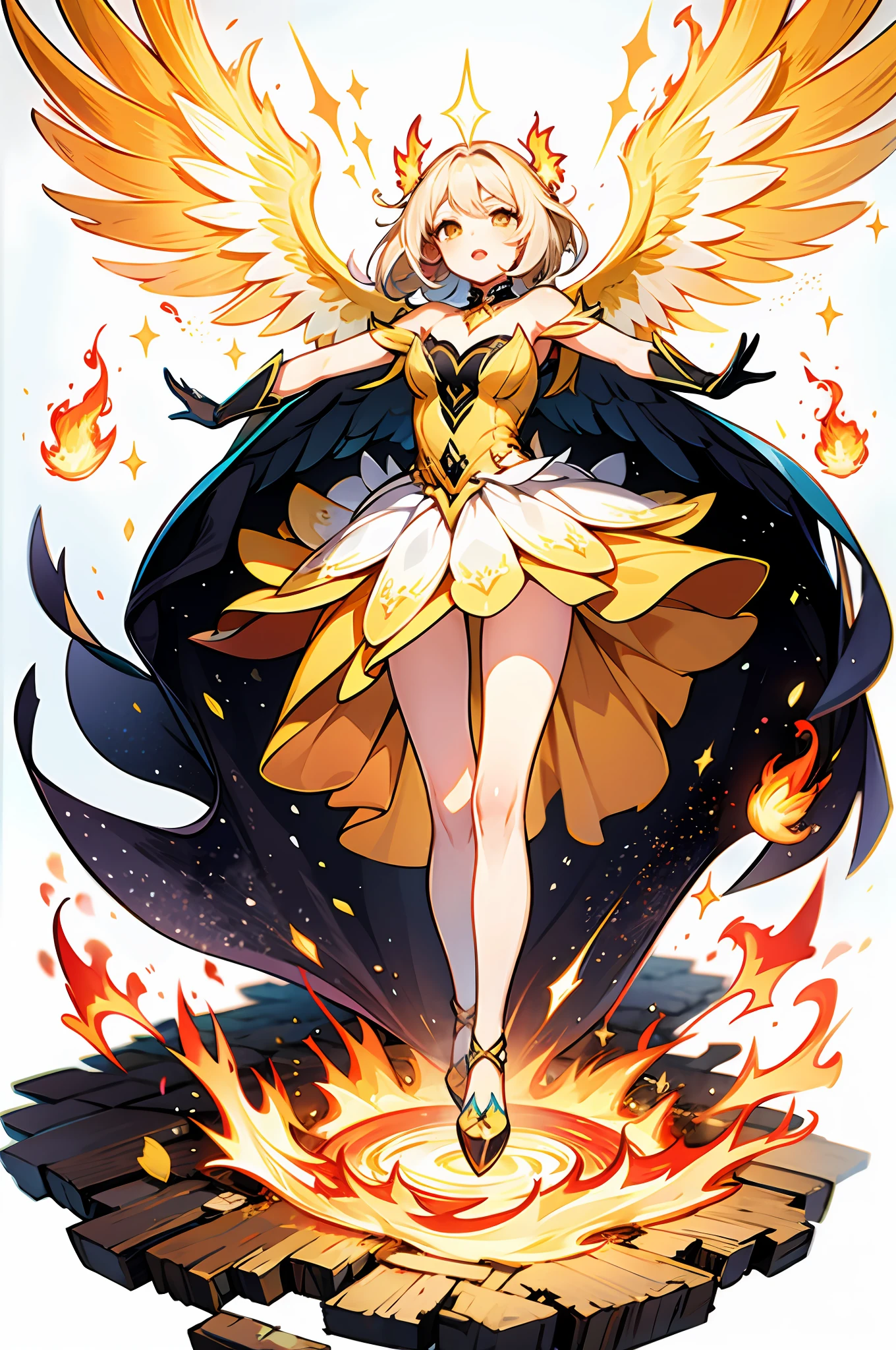 "white background, full body(1girl), beautiful phoenix wings, flowing yellow gradient dress, sparkling glitter, bright fiery lips, gracefully floating, unleashing powerful moves with flames,".