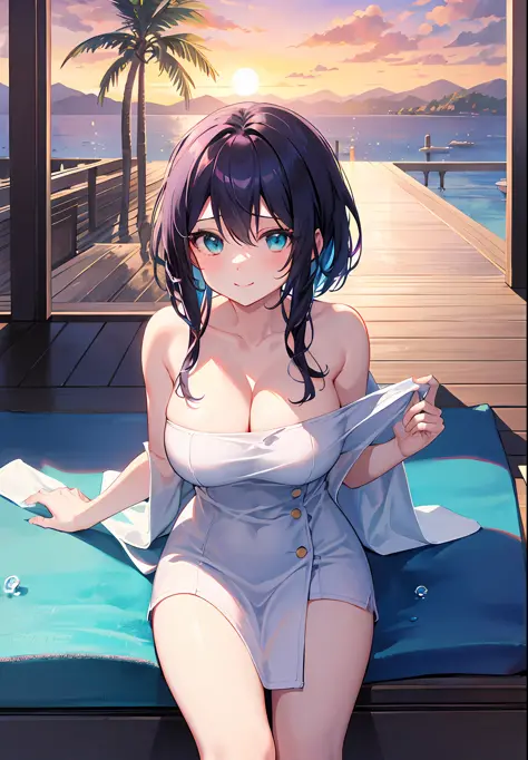 VerydetailedCG，UHD wallpaper， extremy detailed，（（（Best Quority）））， （（ultra detali））， 1girl huge large breasts， Animal_oren， Black_Hair， Blue_Eyes， Large breasts， cat_oren，（Naked_Towels）， the clouds， Cloudy_Sky， crepuscular， nights， Gradient_Sky， horizon， L...