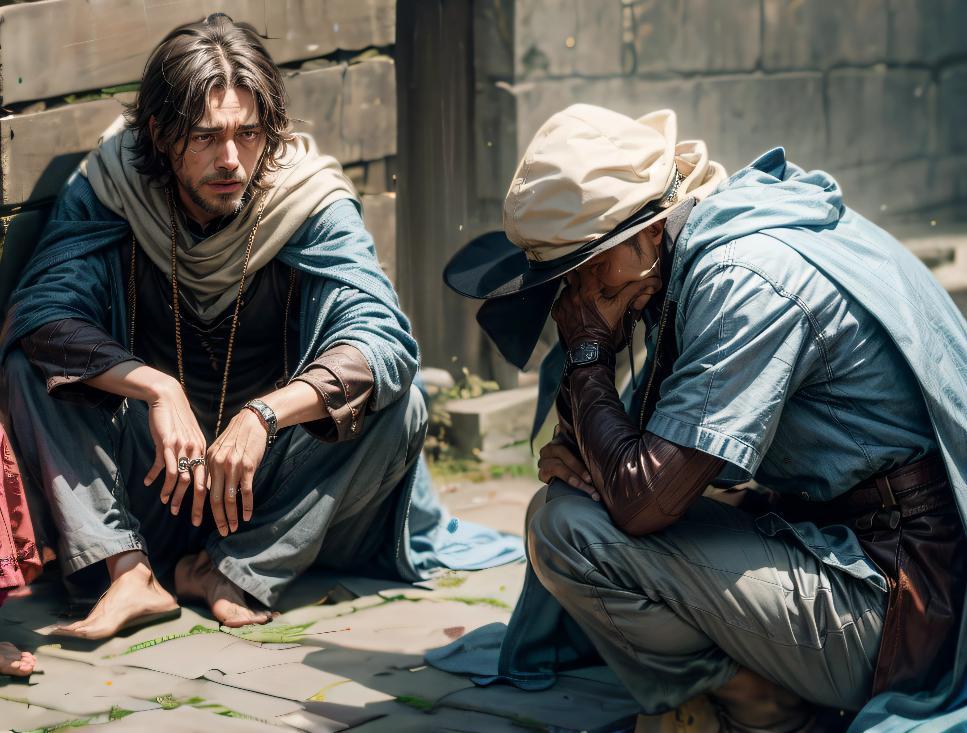 （Realistis：1.4），medieval times，8K，After the war，wide wide shot，Close-up，A man looks at a crying woman，Homem de meia idade，The woman crouched on the ground