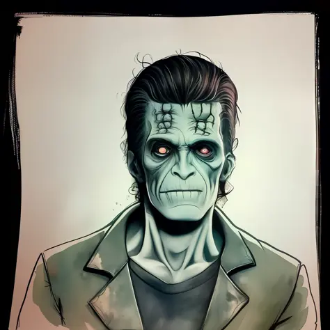 O Personagem Frankenstein em estilo aquarela, Design com qualidade de 32k, inspirada em design de camiseta, com estilo aquarela,...