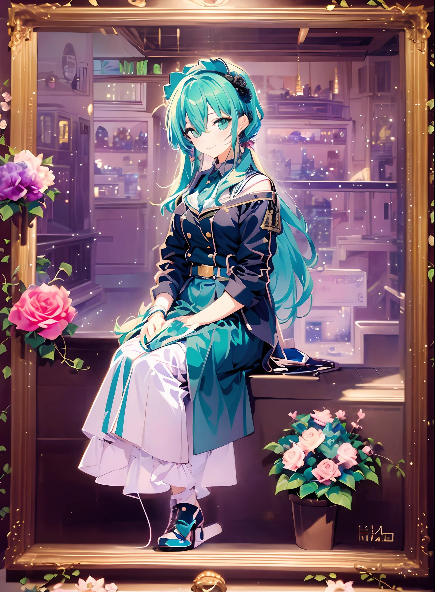 ART ofject of Picasso and Renoir, glad、Shy laughter、Gentle expression、higher detailed character facees, Serious competition、Compositions like paintings、Konmutsuki_gacha_series1, punk_rosette, cute girl, aqua color flowers, full body, elegant flowers background