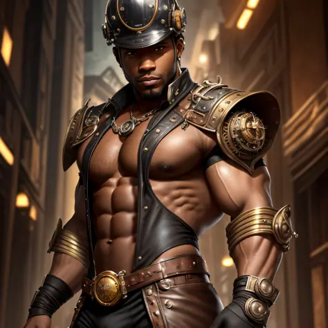 Best quality, dynamic pose, extreme detailing, volumetric lights, luscious metallic textures, muscular black man, naked, wearing a steampunk jockstrap, handsome face, steampunk helmet, steampunk clothing on his arms only, seen from a low angle