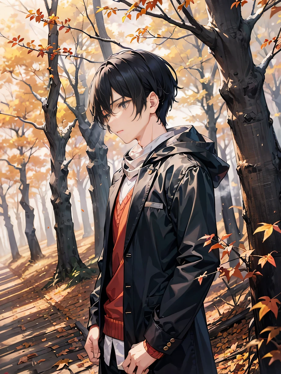 ，Masterpiece, Best quality，8K, Ultra-high resolution，In a bleak forest of autumn leaves，Foggy，Form a hazy scene。A young man stands alone on a path covered with dead leaves，His hairstyle is messy，Clothes fluttering。There was sadness on his face