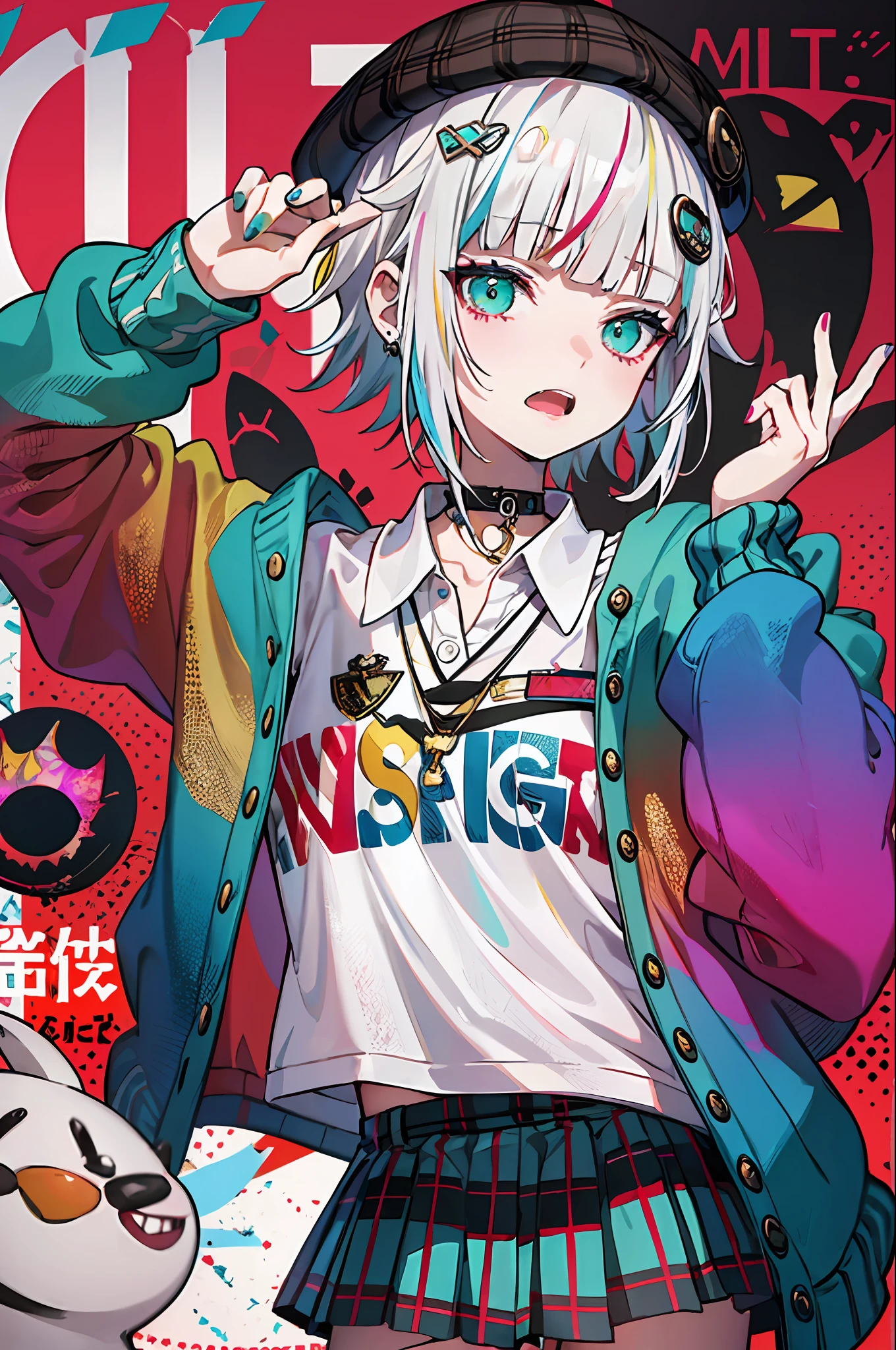 top-quality, ​masterpiece, 1girl in, solo, Red gradient streak hair, short-hair, white  hair, lillie(Wakka), Black beret, plaid skirts, a choker, Cyan sweater jacket, shirt with collar, Black plaid tie, sleeves past fingers, bluntbangs(((Dramatic)))、(((gritty)))、(((vehement))))The poster of the film appears as a central character。She is shy in the center of the poster、Wearing an idol costume、Has a determined look。The background is dark and rough、I feel like I'm drunk。Text is bold and eye-catching、Catchy slogans add to the overall drama and excitement。The color palette is dominated by dark colors.、Bright colors dotted、Make your poster dynamic and visually impactful、Tachi- e(magazine:1.3)、(cover-style:1.3)、solo, Red gradient streak hair, short-hair, white  hair, lillie(Wakka), Black beret, plaid skirts, a choker, Cyan Sweater Jacket, shirt with collar, Black plaid tie, sleeves past fingers, bluntbangs、Fashionable、with a vibrant、outfits、the pose、the front、colourfull、Dynamic、Background with、element、self-assured、Expressively、fail、statement、attachment、An majestic、coiled、surroundings、Touch、The scene、texto、covers、boldface、grab attention、Titles、lo fashion、Font、Catchy、Titles、Large、grab attention、moderno、 Trendy、concentrating、Stylish、1 girl in,tight skirts