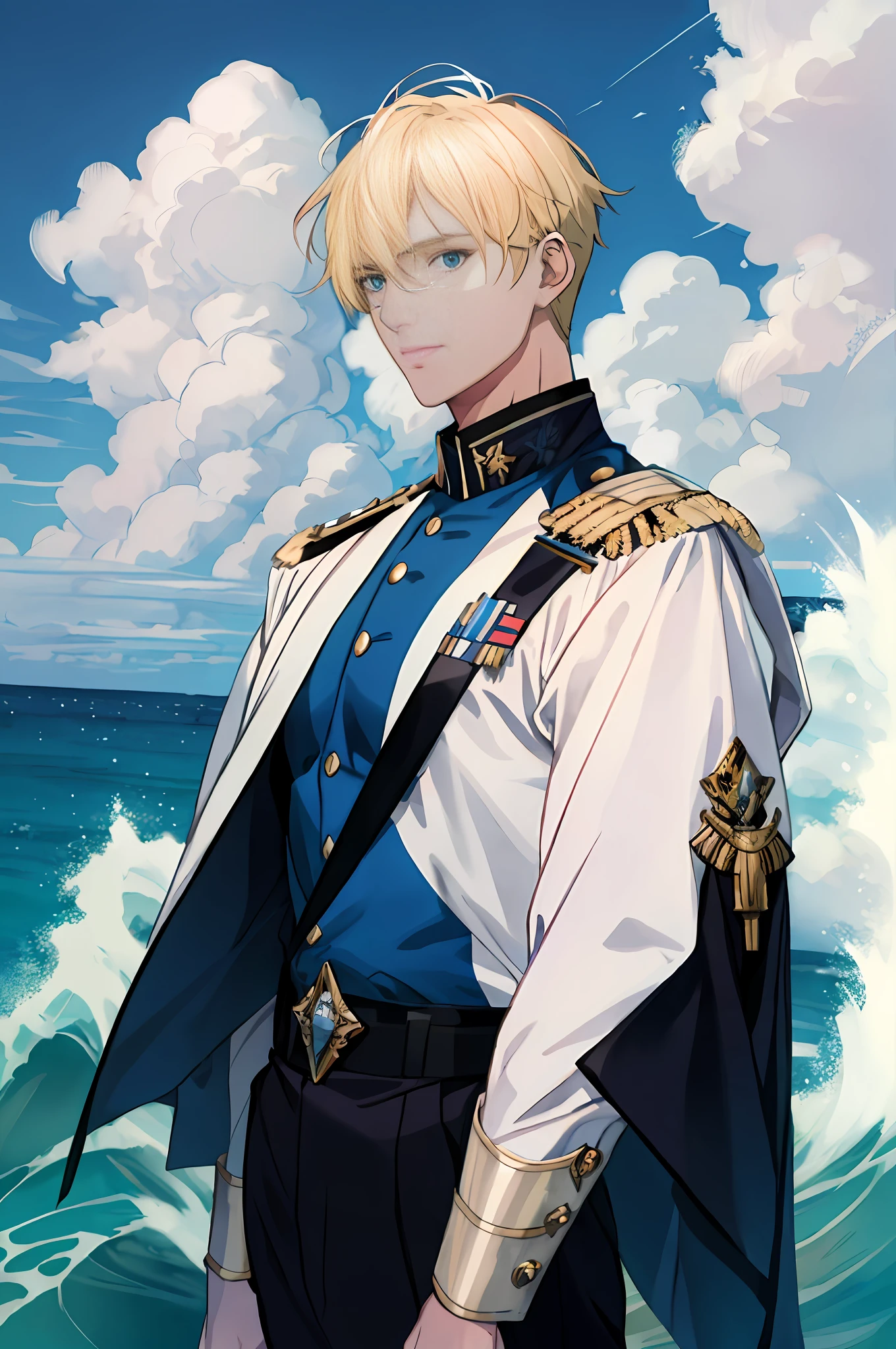Anime - Stylistic image of a man in uniform standing in the ocean, Beautiful androgynous prince, portrait of magical blond prince, Delicate androgynous prince, highly detailed exquisite fanart, Key anime art, shigenori soejima illustration, casimir art, official character illustration, handsome guy in demon killer art, Tall anime guy with blue eyes, official fanart
