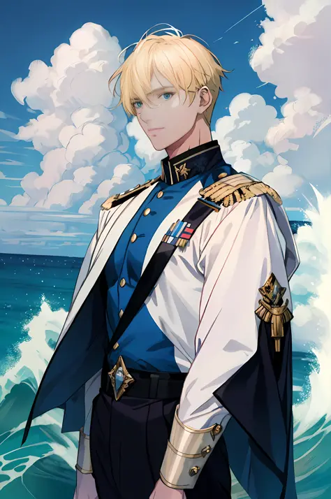 Anime - Stylistic image of a man in uniform standing in the ocean, Beautiful androgynous prince, portrait of magical blond prince, Delicate androgynous prince, highly detailed exquisite fanart, Key anime art, shigenori soejima illustration, casimir art, of...
