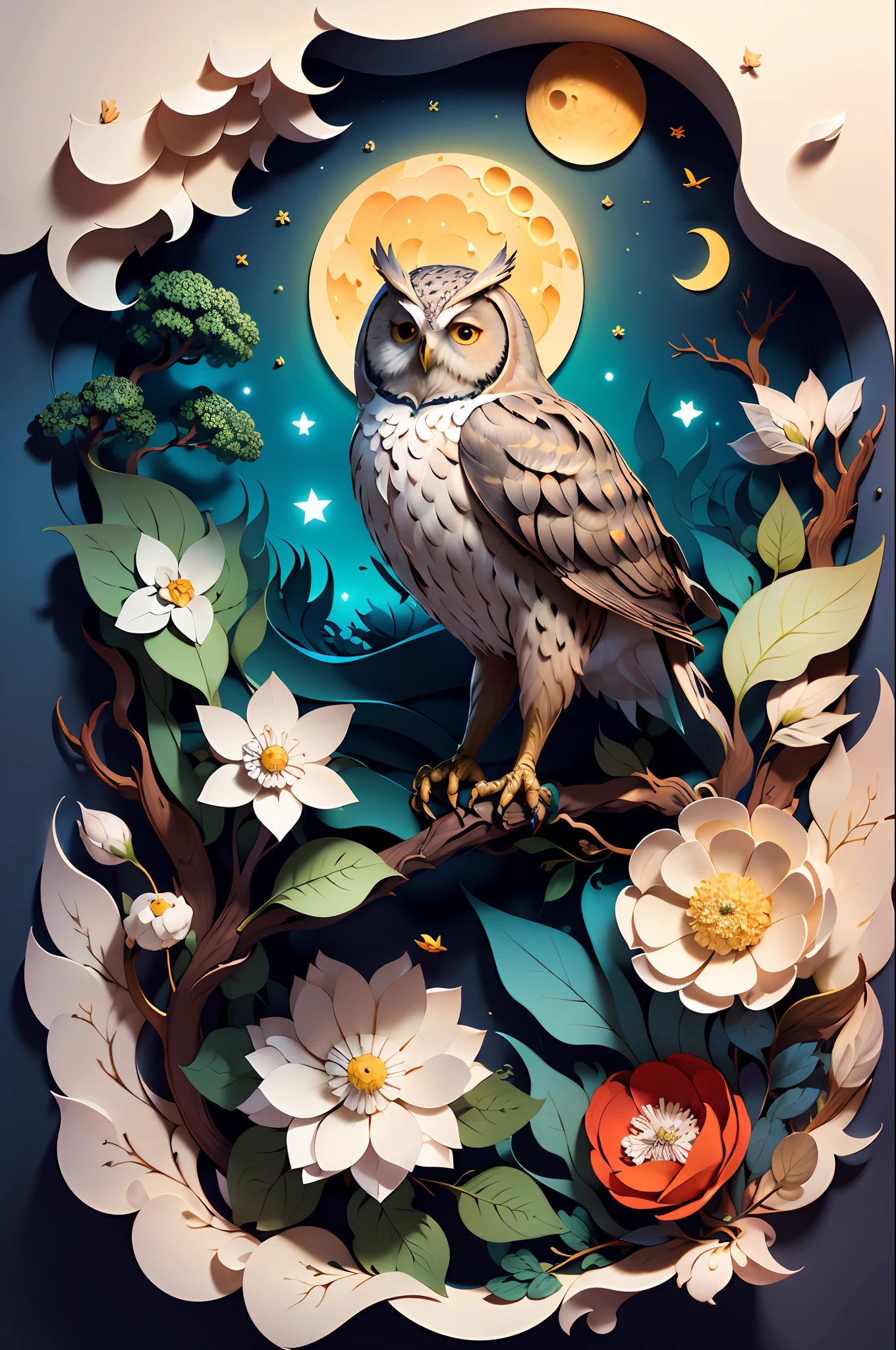 (((masterpiece))),bestquality,illustration,beautifuldetailedglow,
paper_cut,   owl, tree,moon,