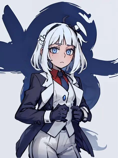 a girl frontal，((two sides up),(a half body),(white color hair),(blue color eyes)),in black suit,blue lining,young, white backgr...