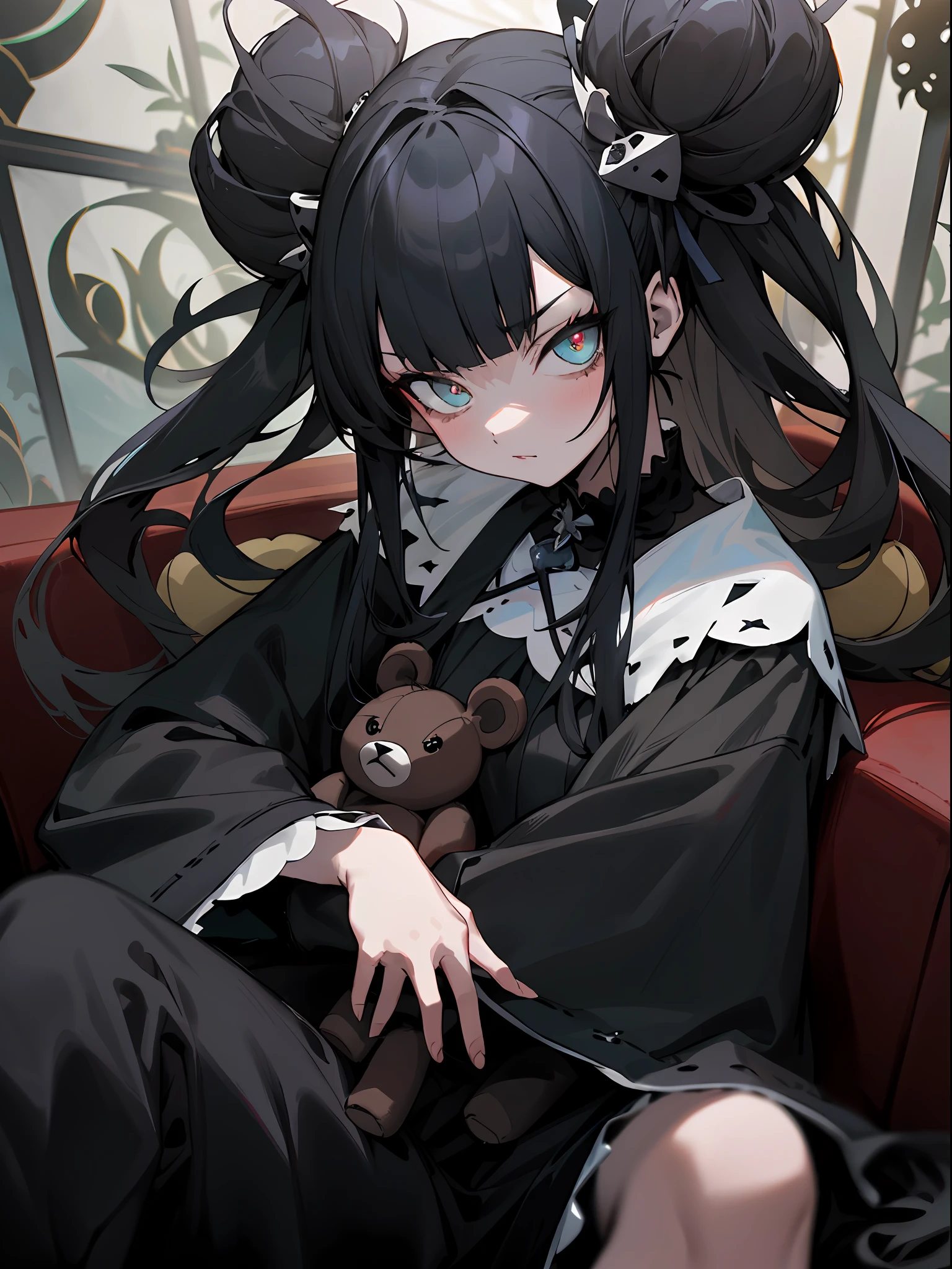 tmasterpiece，high qulity，4K,detailed official art，，(the detail:1.4)This is a painting，Depicts a girl sitting on a couch holding a teddy bear。The game is designed with dark fantasy characters，The atmosphere seemed ominous。The girl has sharp eyes and a gothic face，Anime girl with black hair and white dress holding teddy bear, gothic maiden anime girl, 1 7 - year - old anime goth girl, nightcore, Anime girl wearing black dress,anime visual of a cute girl, An anime girl, Kawasi, Fierce anime girl, Incorporates elements of dark fantasy，brunette color hair，The proportions are correct