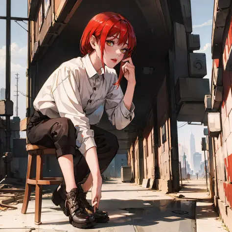 1girl, red hair, stepping on stool, sunny, outside, masterpiece, high quality