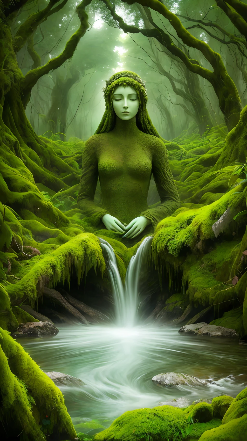高山流水，长满青苔的自然女神雕像睡在山上，電影特效，綠色的 Mountains and 綠色的 Water，在森林裡，除了臉，藤蔓，整个身体几乎都被同化了, 樹枝, 被树木包裹着, 以及部分森林和树木. 她所有的衣服都长满了青苔，鳥瞰圖，夢幻主義，綠色的