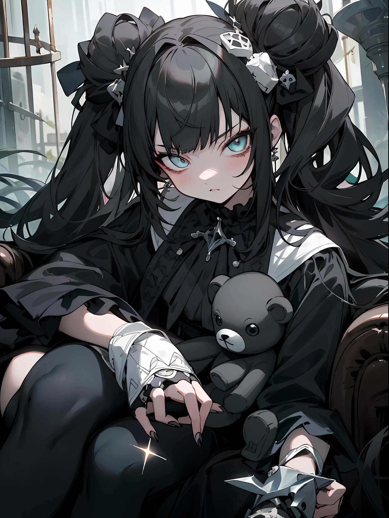 tmasterpiece，high qulity，4K,detailed official art，，(the detail:1.4)This is a painting，Depicts a girl sitting on a couch holding a teddy bear。The game is designed with dark fantasy characters，The atmosphere seemed ominous。The girl has sharp eyes and a gothic face，Anime girl with black hair and white dress holding teddy bear, gothic maiden anime girl, 1 7 - year - old anime goth girl, nightcore, Anime girl wearing black dress,anime visual of a cute girl, An anime girl, Kawasi, Fierce anime girl, Incorporates elements of dark fantasy，brunette color hair，The proportions are correct