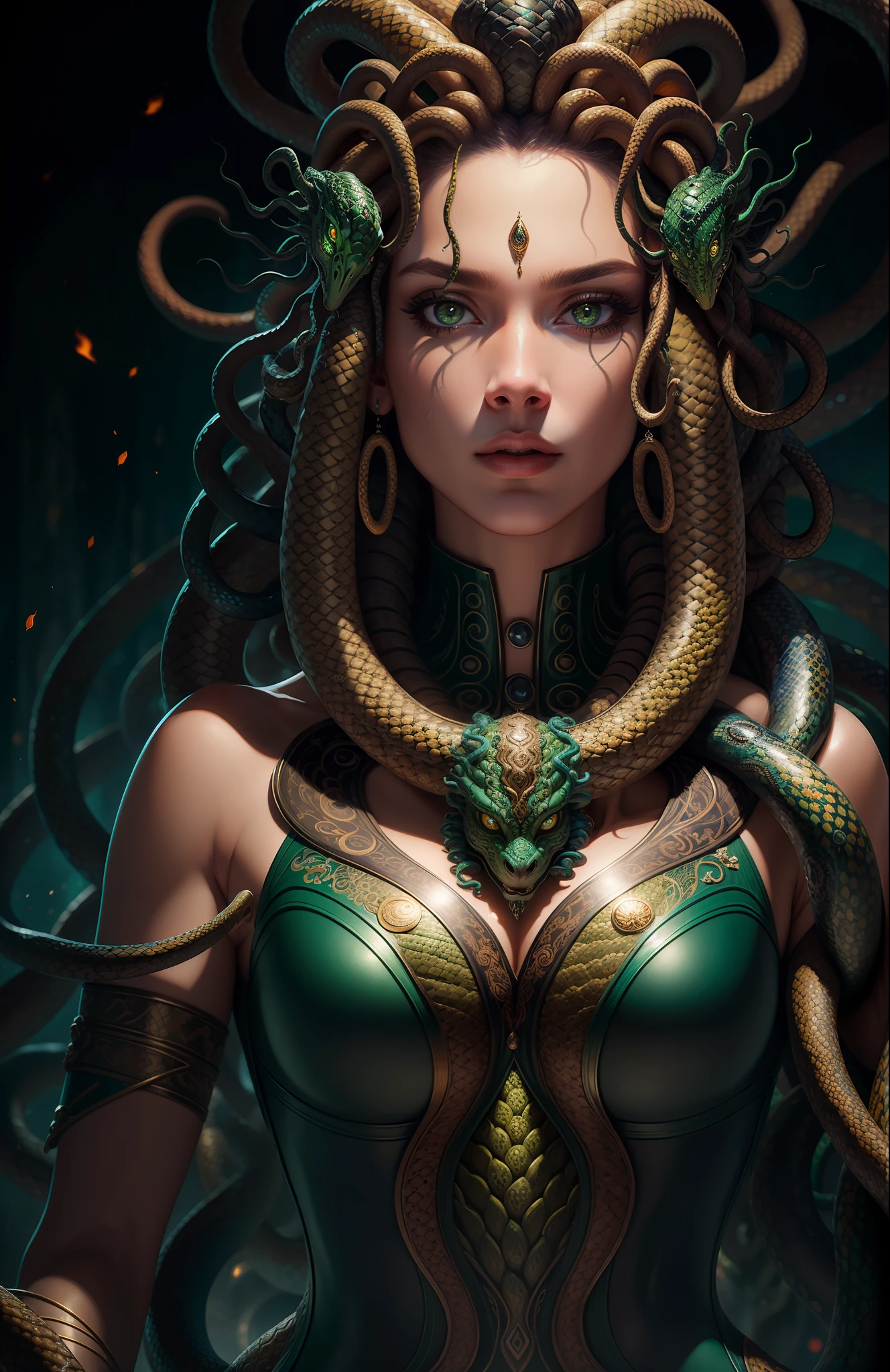 ((best quality)), ((masterpiece)), ((realistic)), Medusa, full body, the hair is composed of countless small snakes, green eyes, female face, metal carved top, royal aura, trend on artstation , sharp focus, studio photo, intricate detail, very detailed, detailed eye, illustration, very detailed, sharp focus, digital render, professional, 4k