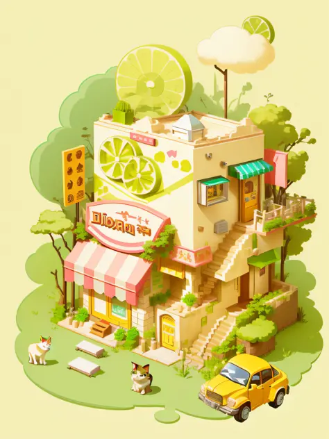 tmasterpiece，Best quality at best，cartoony，3D，There is a cat on it，Illustration of a small shop of a building and a car with a durian package look，The third floor contains a rooftop，cute detailed digital art，Inspired by Yanagawa Nobuta，cute illustration，is...