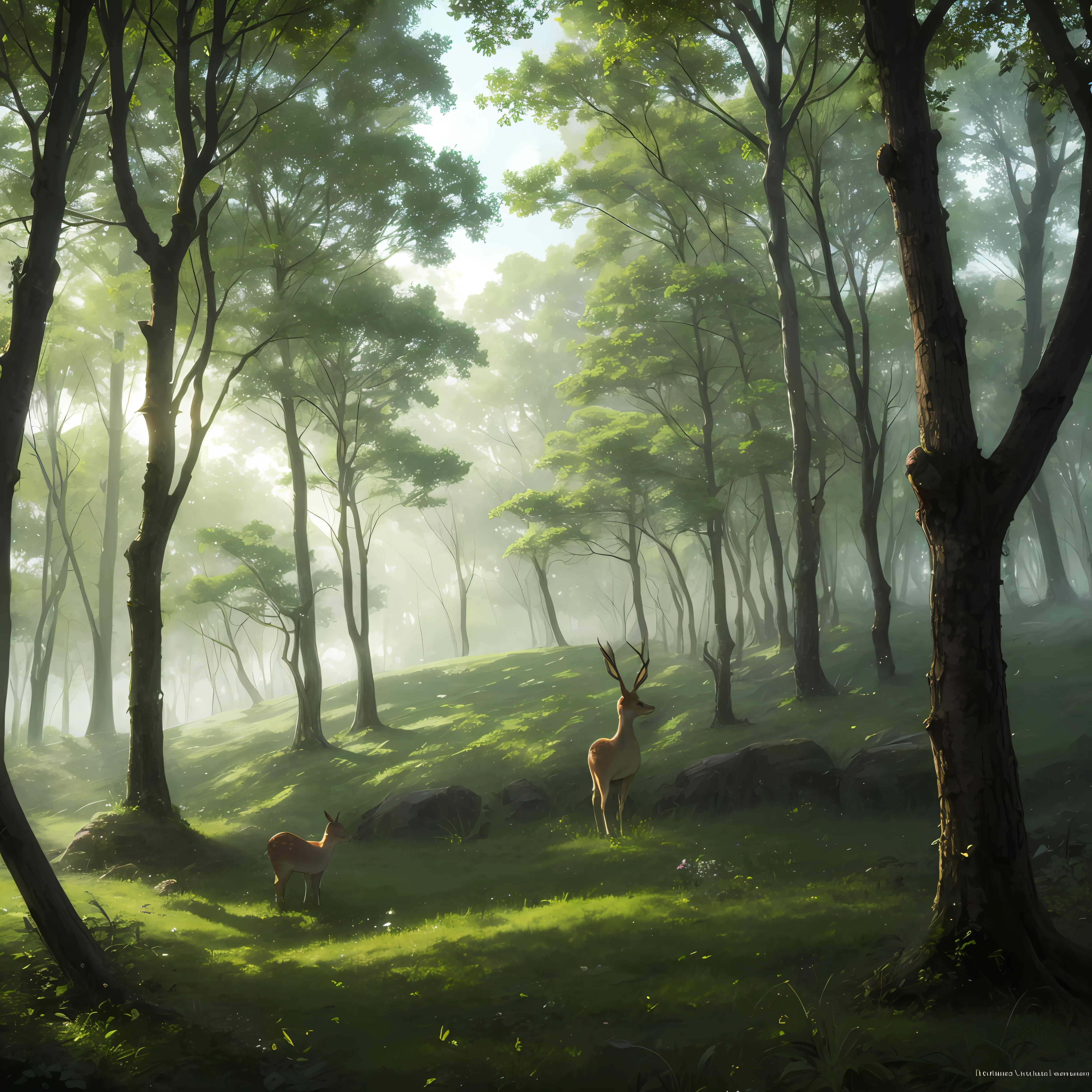 A mist grows in the green forest，A hint of sunlight shines down，Irradiate into the forest of the fairy world，There is a fawn with golden antlers turning back· --auto