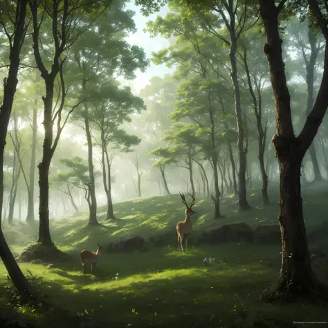 A mist grows in the green forest，A hint of sunlight shines down，Irradiate into the forest of the fairy world，There is a fawn wit...