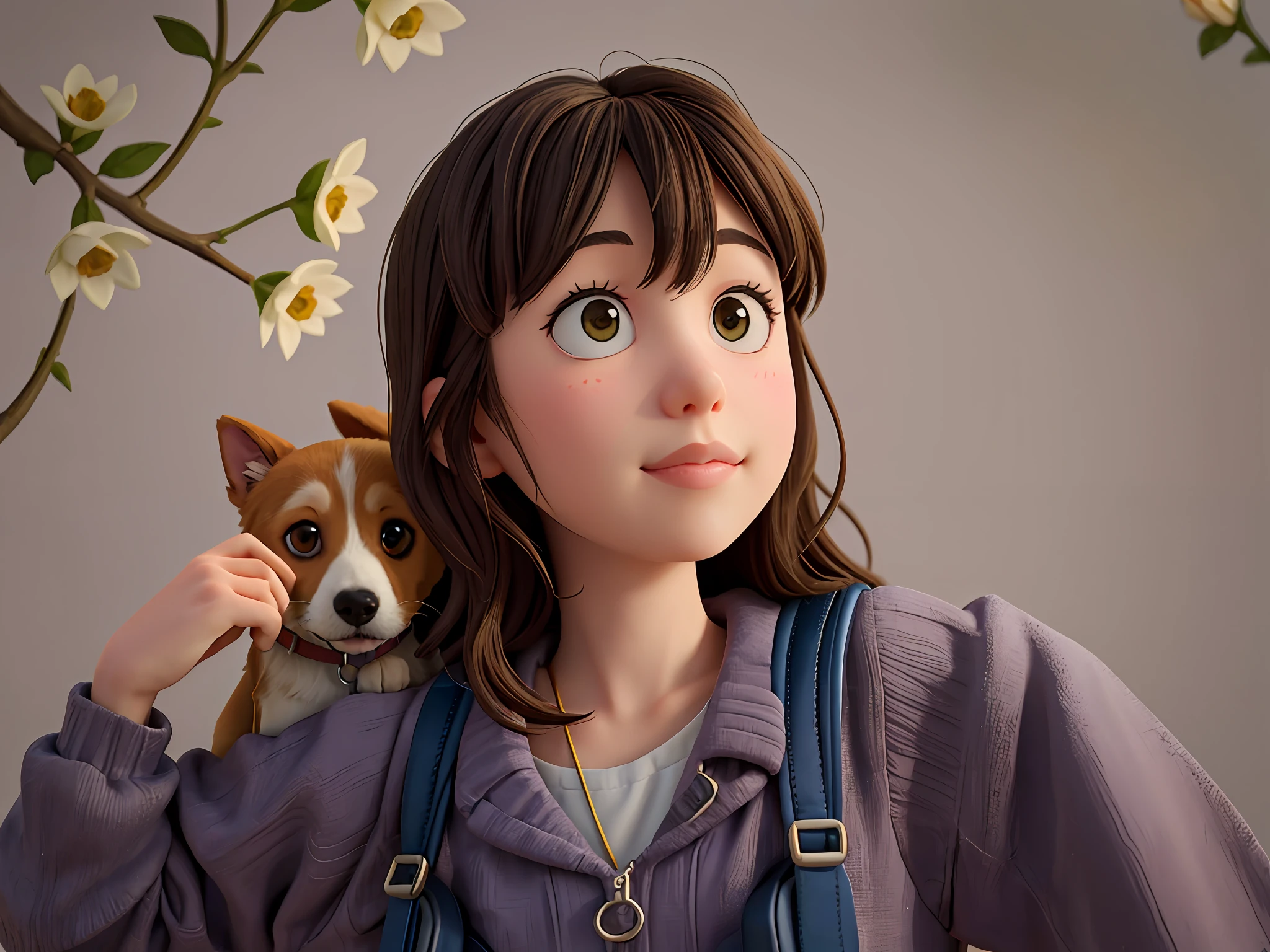 A very charming  with a backpack and her cute border collie puppy enjoying a lovely spring outing surrounded by beautiful yellow flowers and nature. The illustration is a high-definition illustration in 4K resolution with highly detailed facial features and cartoon-style visuals.