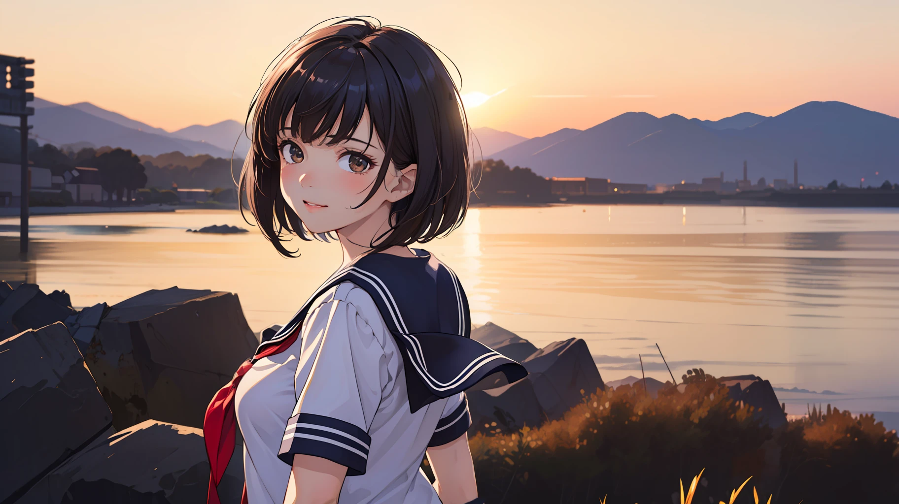 (masterpiece, best quality, extremely detailed, absurd res, absolutely resolution, 4K, 8K, realistic:1.2) 1girl, solo, ushuo, short black hair, short hair, brown eyes, school uniform, serafuku, short sleeves, pleated skirt, smile, parted lips, from behind, looking back, blush, standing, cinematic lighting,