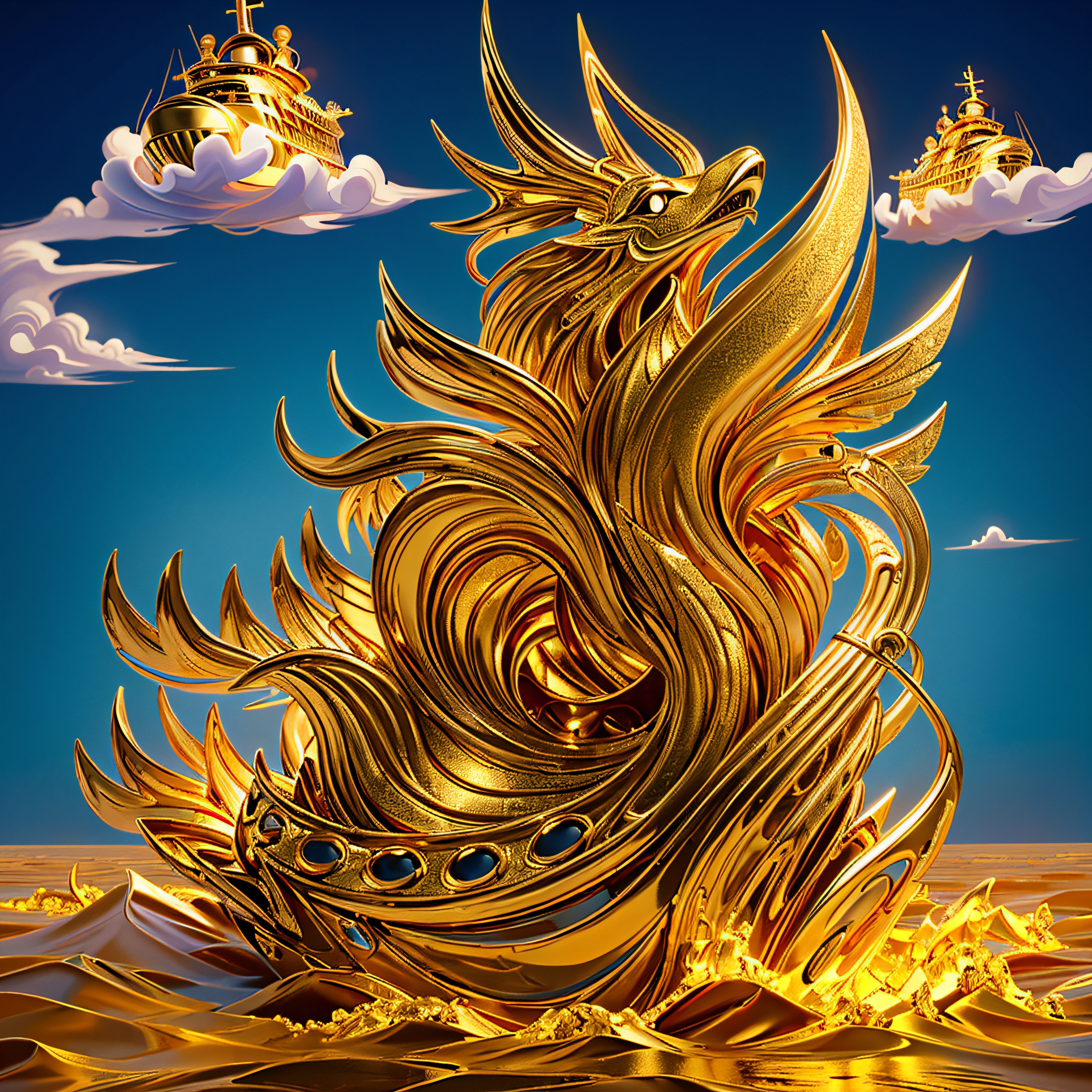 In this innovative and surreal illustration，A golden world unfolds before the viewer's eyes。Golden ship，A river of liquid gold，Mythical creatures adorned with exotic jewelry soar in the sky