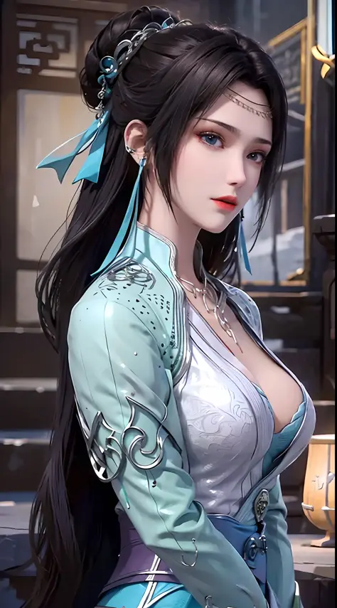 1 beautiful girl in hanfu dress, thin blue silk shirt with many white patterns, white lace trim, purple black long ponytail, hai...