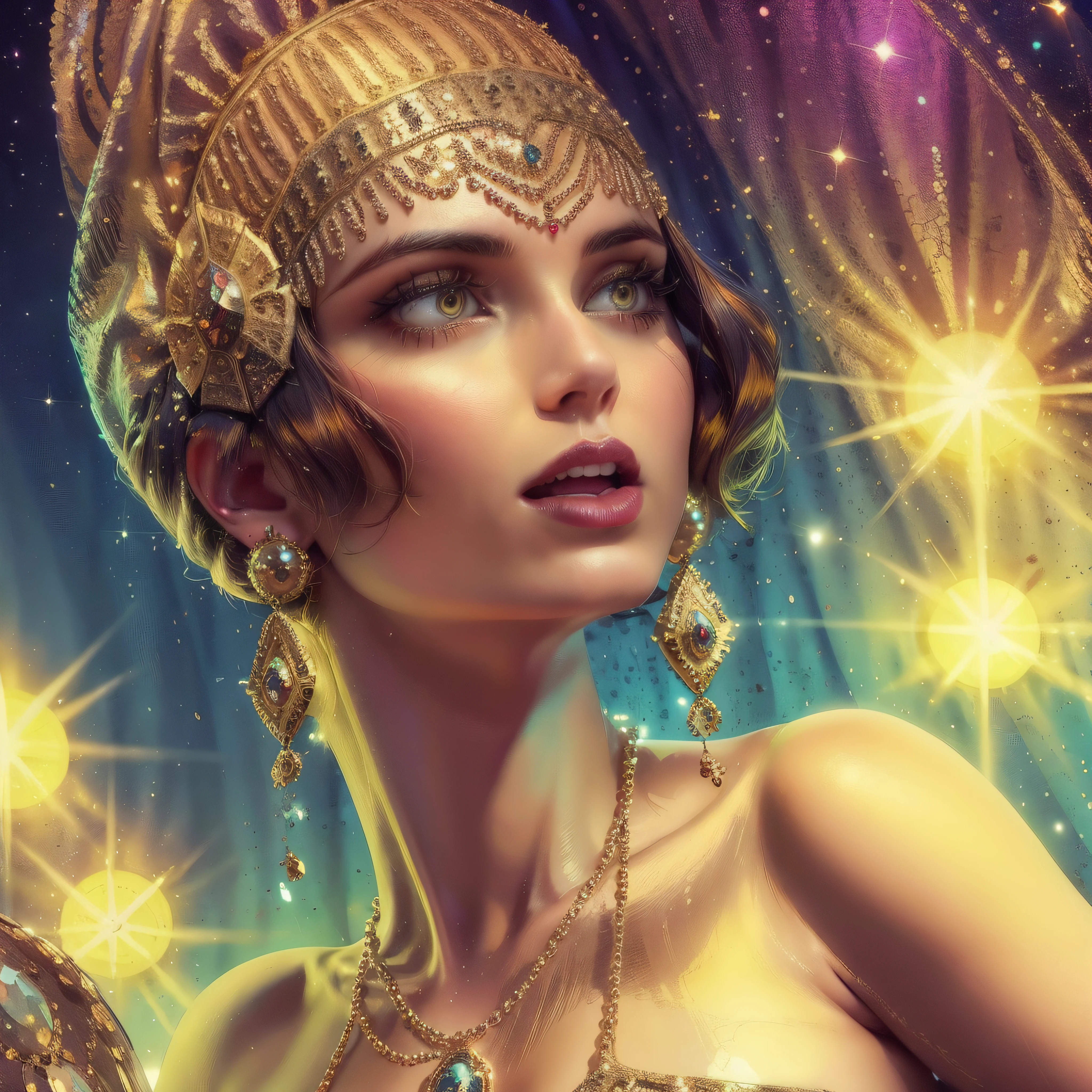 ((masterpiece)),(((best quality))), 1 girl, flapper, (beautiful eyes), large iris, flapper dress, (bare shoulders). jewellery, pearls sparkles, background lights, flashes,