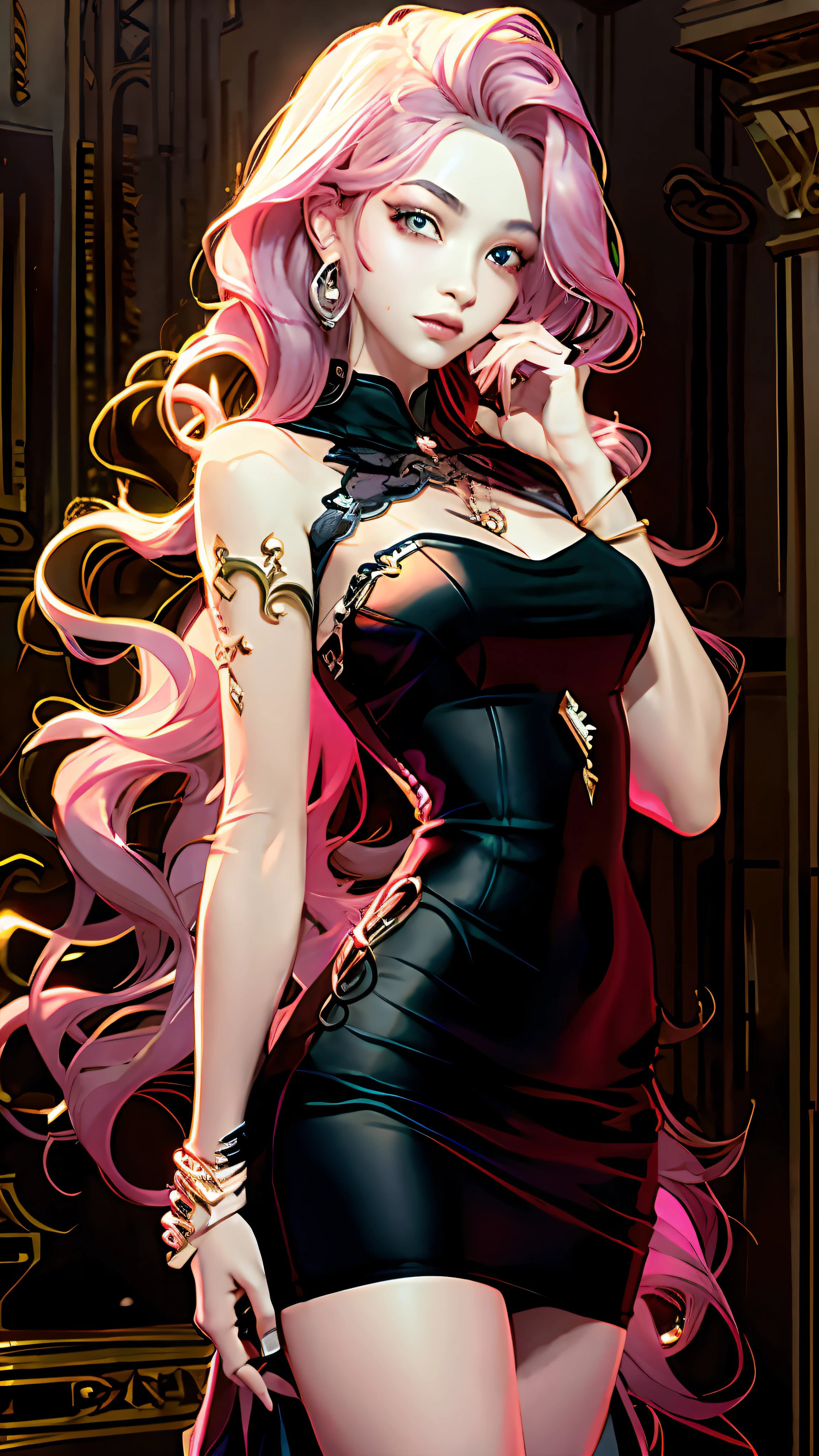 There is a woman with pink hair wearing a black dress,Chest semi-sheer gauze pose, 8K high quality detailed art, Ross Tran style, Deviantart ArtStation CGSCOSIETY, In the style of Ross Tran, Ross Tran 8 K, Guviz-style artwork, Extremely detailed Artgerm, Style Artgerm, Kushatt Krenz Key Art Women