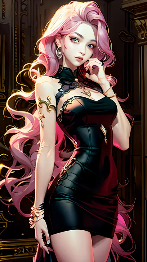 there is a woman with pink hair wearing a black dress,chest semi-sheer gauze pose, 8k high quality detailed art, ross tran style...