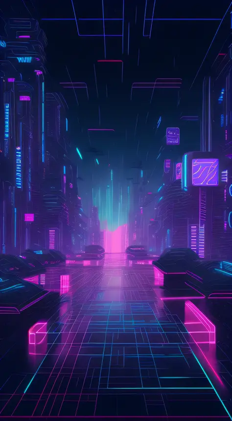 Futuristic city with neon lights and neon grid, in a futuristic cyberpunk city, synthwave city, cybernetic city background, futu...