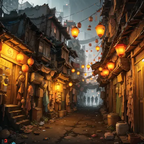 cyberpunk slum, oriental design, hanging lanterns, digital painting, concept art, illustration, intricate, ((tileset))