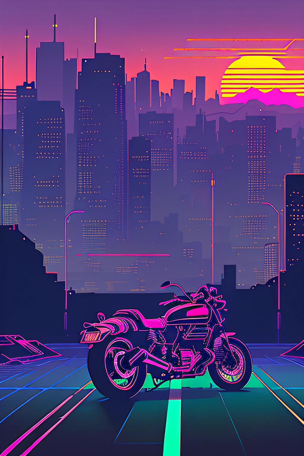 (nvinkpunk:1.2) Motorrad im Snthwve-Stil, Lichtwelle, Sonnenuntergang, kompliziert, Sehr detailiert