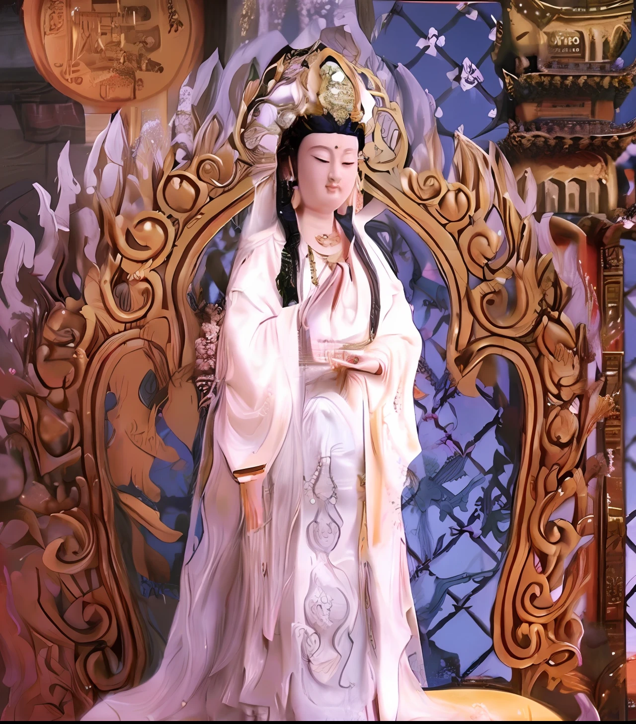 The Arad woman in a white dress stands in front of the golden throne, queen of the sea mu yanling, chinese empress, Guanyin, full-body xianxia, an ancient Chinese goddess, guanyin of the southern seas, Princesa chinesa antiga, a beautiful fantasy empress, China Princess, Yun Ling, beijing opera, ancient chinese beauti --auto