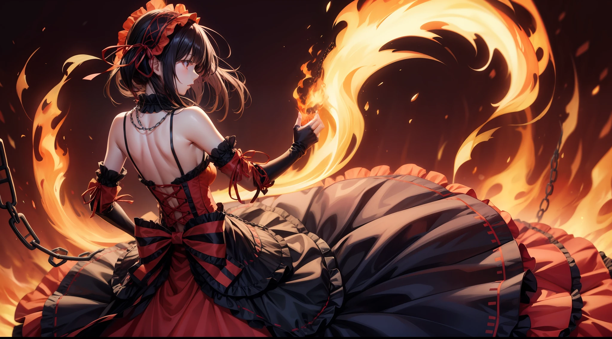 1 girl, shoulders, black hair, chain, necklace, dress, elbow-length gloves, fire, ruffles, back, hair ribbon, lolita_fashion, lolita_hairband, long hair, red_background, red_theme, ribbon, solo, tokisaki kurumi, twintails