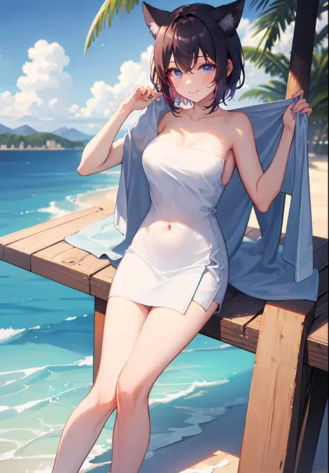 extremely detailed CG,UHD wallpaper, Extreme details,(((best quality))), ((ultra-detailed)),1girl, animal_ears, black_hair, blue_eyes, breasts, cat_ears,(naked_towel), cloud, cloudy_sky, dusk, evening, gradient_sky, horizon, looking_at_viewer, makeup, medi...
